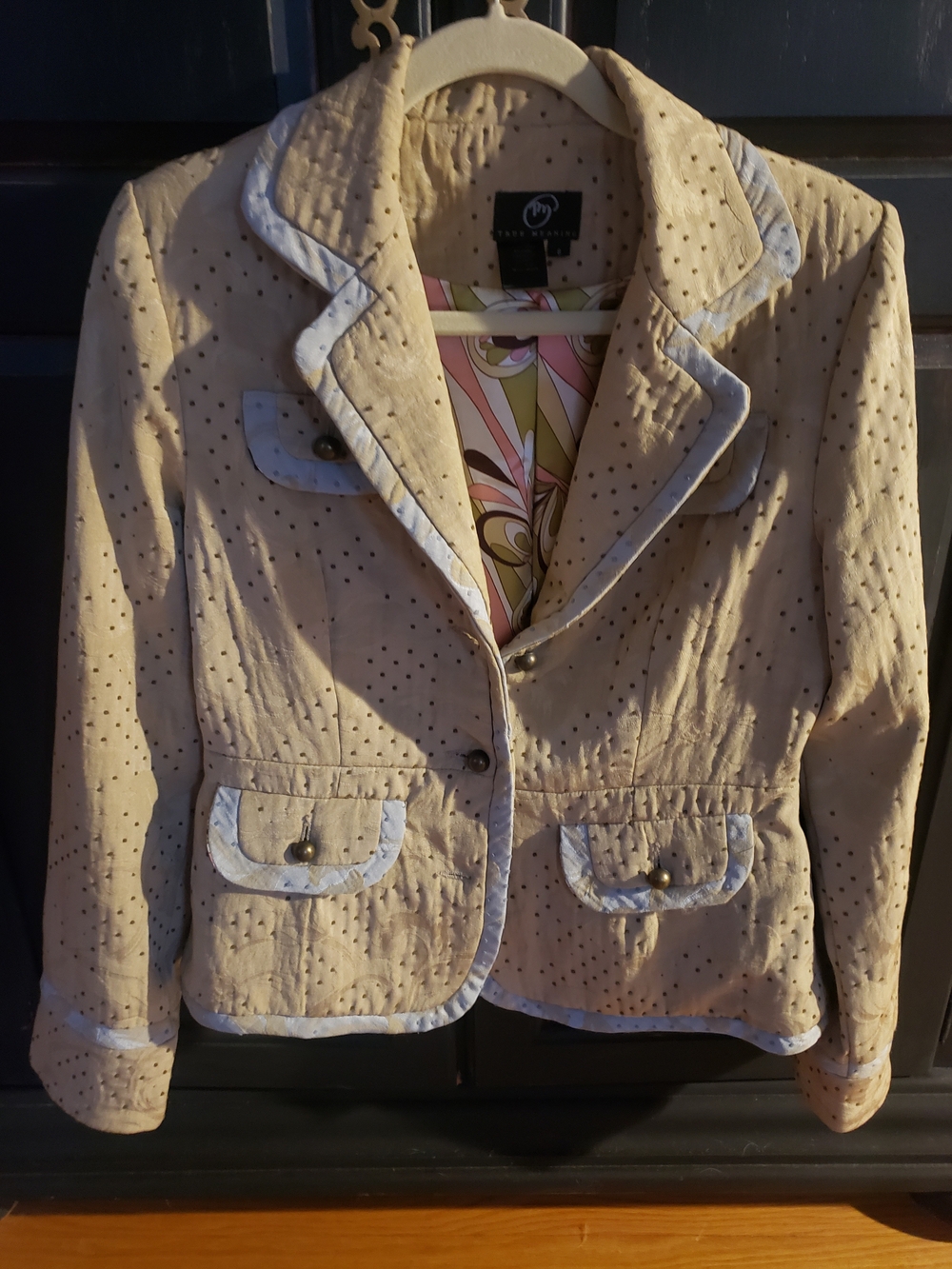 True Meaning Beige Quilted Blazer with White Trim
